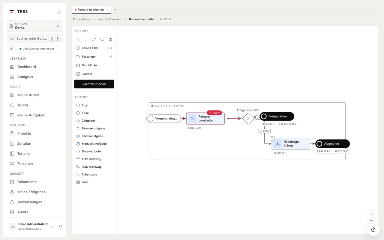 Diagram editor with checks, versions and an alarm on a step